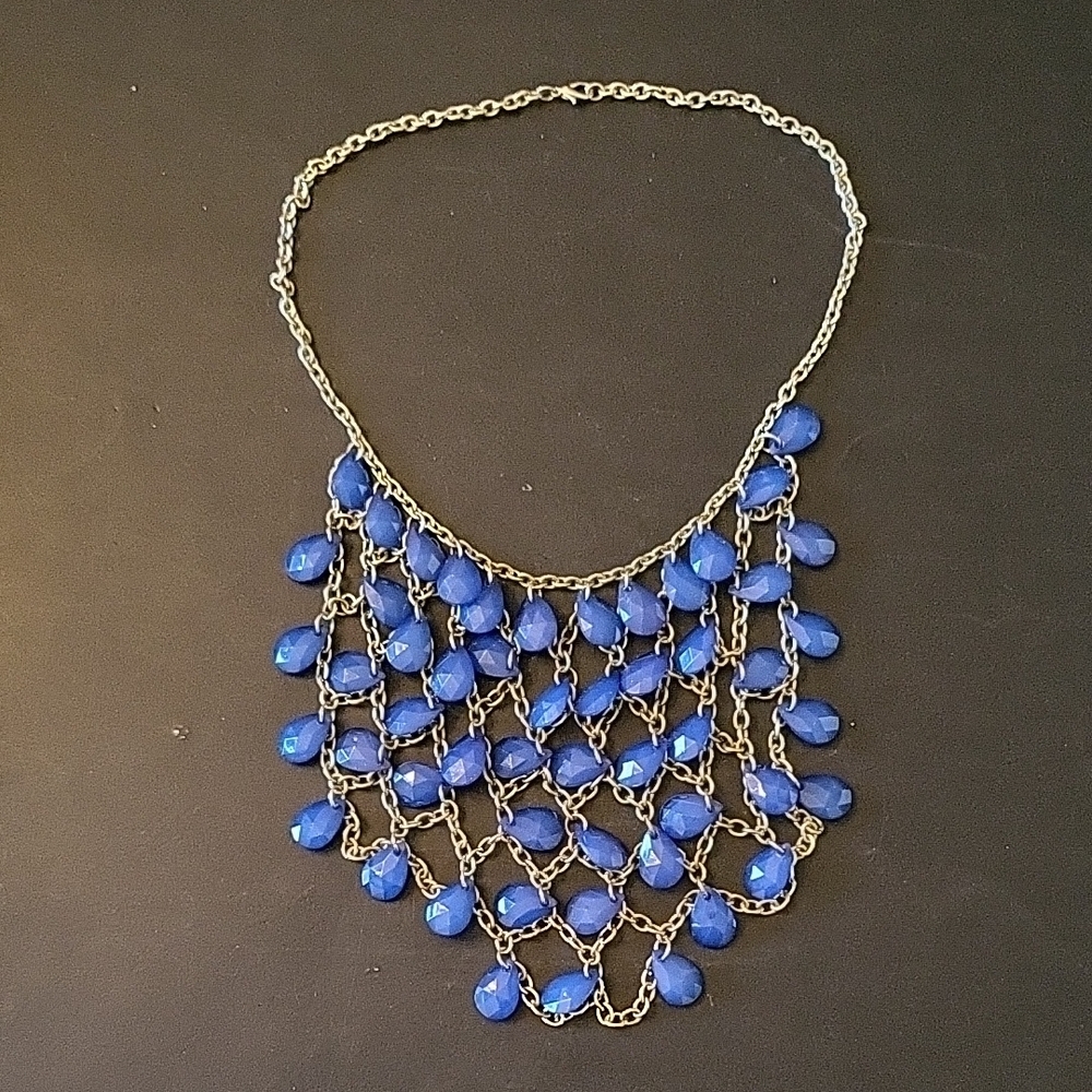 Cornflower Blue & Gold-tone Cascading Bib Statement Necklace, 16"